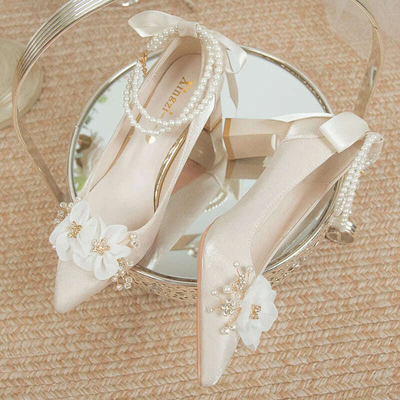 KIMLUD, Elegant Flowers High Heels Pumps Women 2024 New Pearl Ankle Strap Wedding Shoes Woman String Bead Small Square Heel Bridal Shoes, KIMLUD Womens Clothes