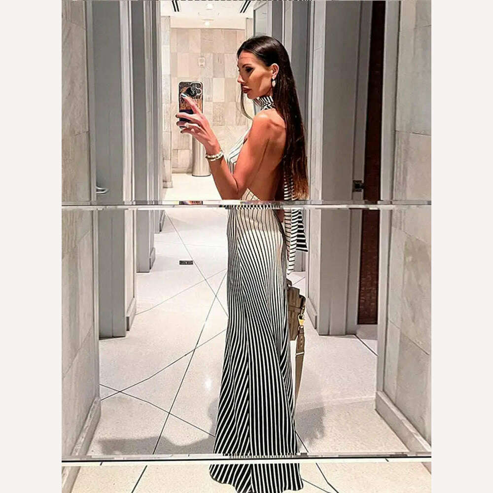 KIMLUD, Elegant Formal Party Dresses For Women Chic Stripe Halter Backless Evening Luxury Robe 2024 Summer Female Ceremony Vestidos, KIMLUD Womens Clothes