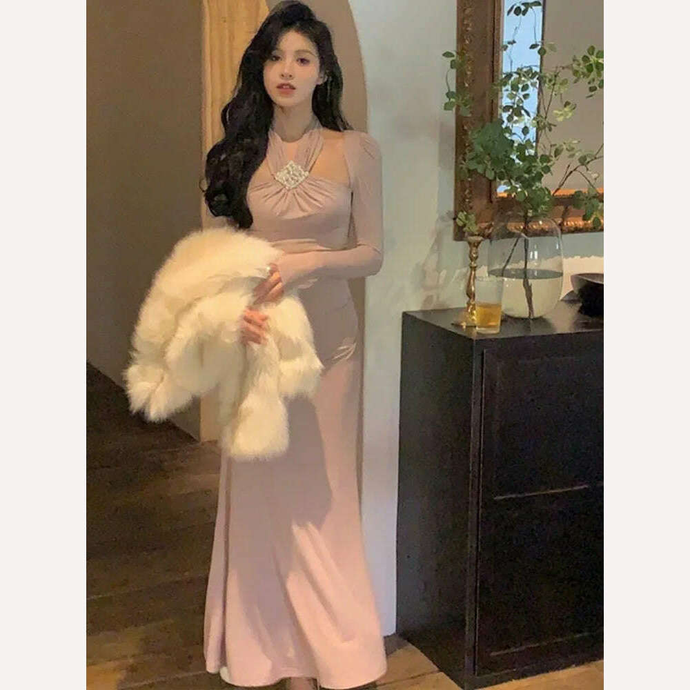 KIMLUD, Elegant Halter Midi Dress Women Embroidered Flares Slim Mermaid Autumn Winter French Vintage Evening Party Wedding Vestido Mujer, Misty-pink / S, KIMLUD APPAREL - Womens Clothes
