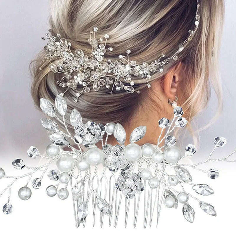Elegant Handmade Tiara Wedding Hair Comb Flower Bridal Hairpins Pearl Rhinestone Head Jewelry Girls Wedding Hair Accessories - KIMLUD