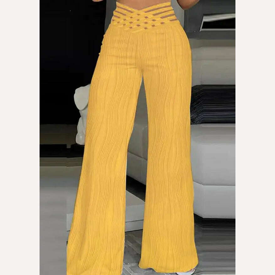 Elegant High Waist Flared Pants for Women Overlap Waisted Textured Criss Cross Sheer Mesh Design Female Summer Work Trousers - KIMLUD