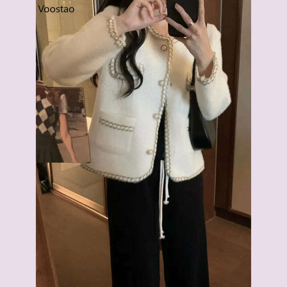 Elegant Imitation Mink Cashmere Sweater Jacket Women Autumn Winter Korean O-Neck Loose Knitted Cardigan Female Fashion Outwear - KIMLUD