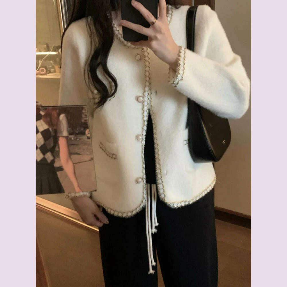 Elegant Imitation Mink Cashmere Sweater Jacket Women Autumn Winter Korean O-Neck Loose Knitted Cardigan Female Fashion Outwear - KIMLUD