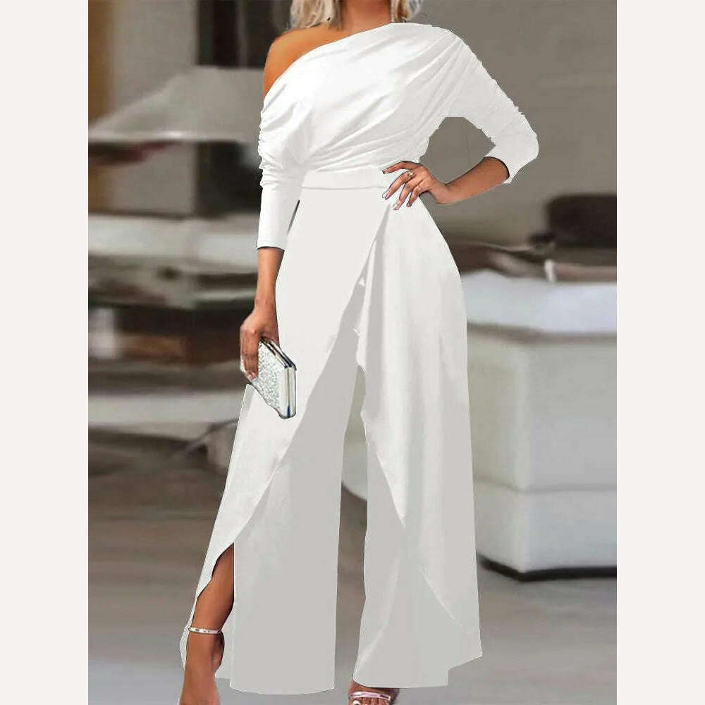KIMLUD, Elegant Jumpsuits for Women 2023 Spring New Sexy Slit Ruched Cold Shoulder Wide Leg Jumpsuit Office Lady Party Black Jumpsuit, White / S, KIMLUD Womens Clothes