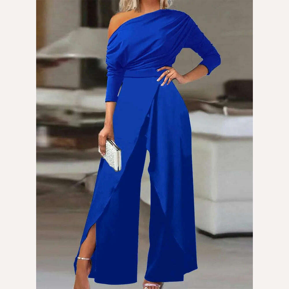 KIMLUD, Elegant Jumpsuits for Women 2023 Spring New Sexy Slit Ruched Cold Shoulder Wide Leg Jumpsuit Office Lady Party Black Jumpsuit, Blue / S, KIMLUD Womens Clothes