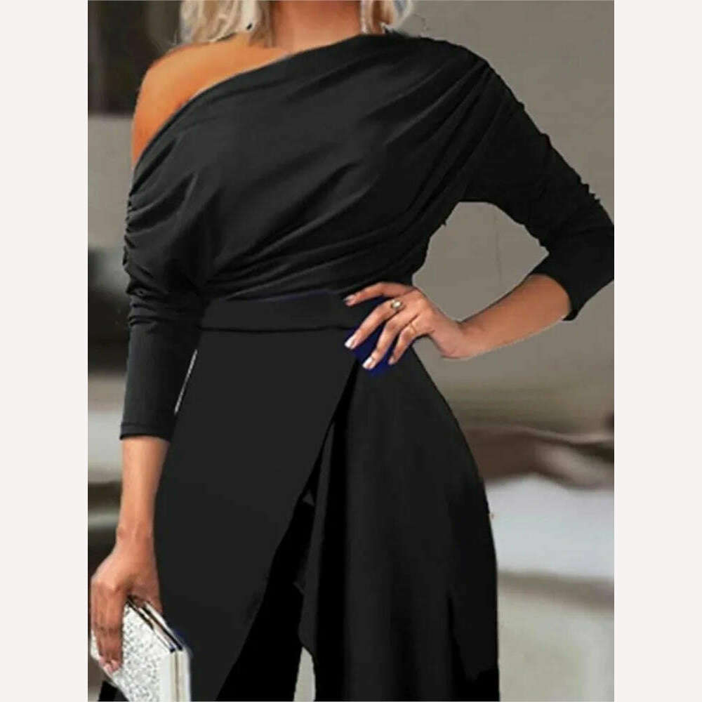 KIMLUD, Elegant Jumpsuits for Women 2023 Spring New Sexy Slit Ruched Cold Shoulder Wide Leg Jumpsuit Office Lady Party Black Jumpsuit, KIMLUD Womens Clothes