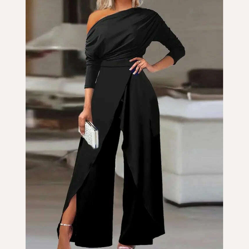 KIMLUD, Elegant Jumpsuits for Women 2023 Spring New Sexy Slit Ruched Cold Shoulder Wide Leg Jumpsuit Office Lady Party Black Jumpsuit, KIMLUD Womens Clothes
