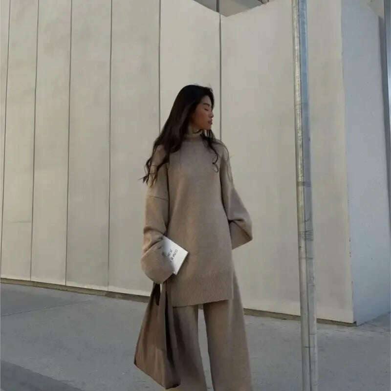 KIMLUD, Elegant Knit Two Piece Set Women Turtleneck Side Split Sweater Long Sleeve Wide Leg Pants Female Sets 2023 Winter Loose Suit, KIMLUD Womens ClothesKIMLUD, Elegant Knit Two Piece Set Women Turtleneck Side Split Sweater Long Sleeve Wide Leg Pants Female Sets 2023 Winter Loose Suit, khaki / S, KIMLUD APPAREL - Womens Clothes