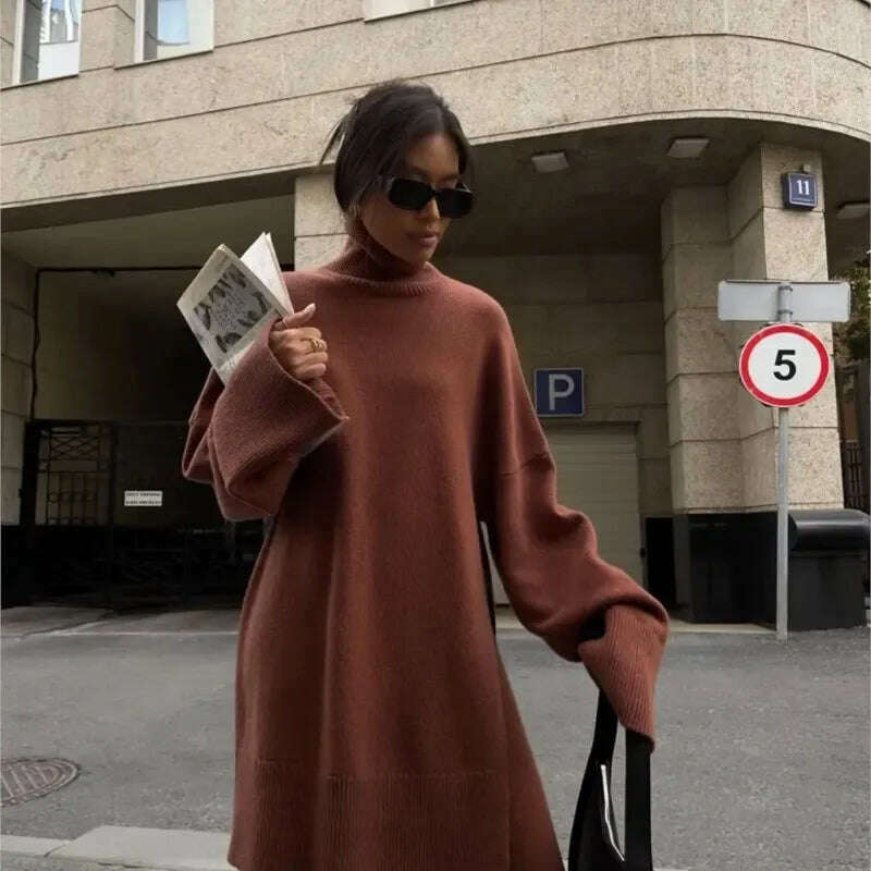 KIMLUD, Elegant Knit Two Piece Set Women Turtleneck Side Split Sweater Long Sleeve Wide Leg Pants Female Sets 2023 Winter Loose Suit, KIMLUD Womens ClothesKIMLUD, Elegant Knit Two Piece Set Women Turtleneck Side Split Sweater Long Sleeve Wide Leg Pants Female Sets 2023 Winter Loose Suit, brown / S, KIMLUD APPAREL - Womens Clothes