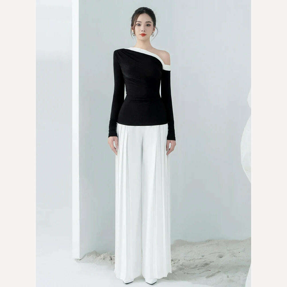KIMLUD, Elegant Knitted Skew Collar Waist Coat Loose Pleated Pants Set 2 Pcs Summer 2024 New Arrival, Suit / S, KIMLUD APPAREL - Womens Clothes