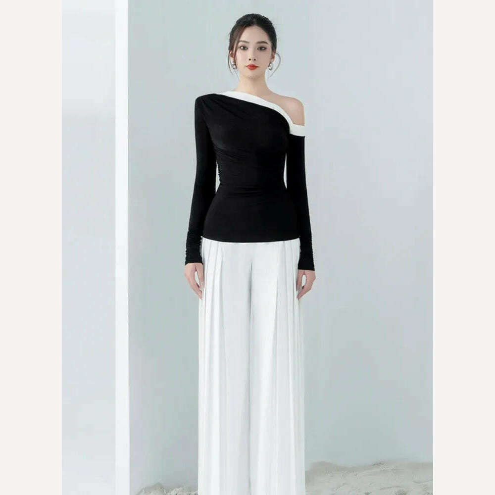 KIMLUD, Elegant Knitted Skew Collar Waist Coat Loose Pleated Pants Set 2 Pcs Summer 2024 New Arrival, KIMLUD Womens Clothes
