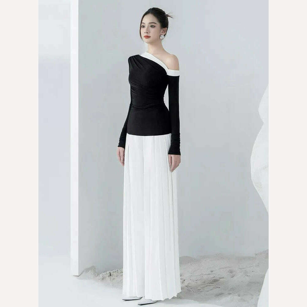 KIMLUD, Elegant Knitted Skew Collar Waist Coat Loose Pleated Pants Set 2 Pcs Summer 2024 New Arrival, KIMLUD Womens Clothes