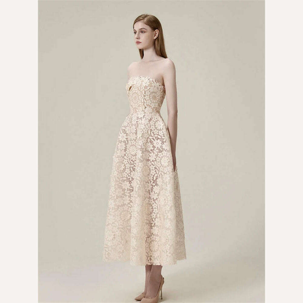 Elegant Lace Embroidery Strapless Dress by DEAT High Waist Hollow Out Summer Party Dress for Women Fashionable 2024 Style - KIMLUD