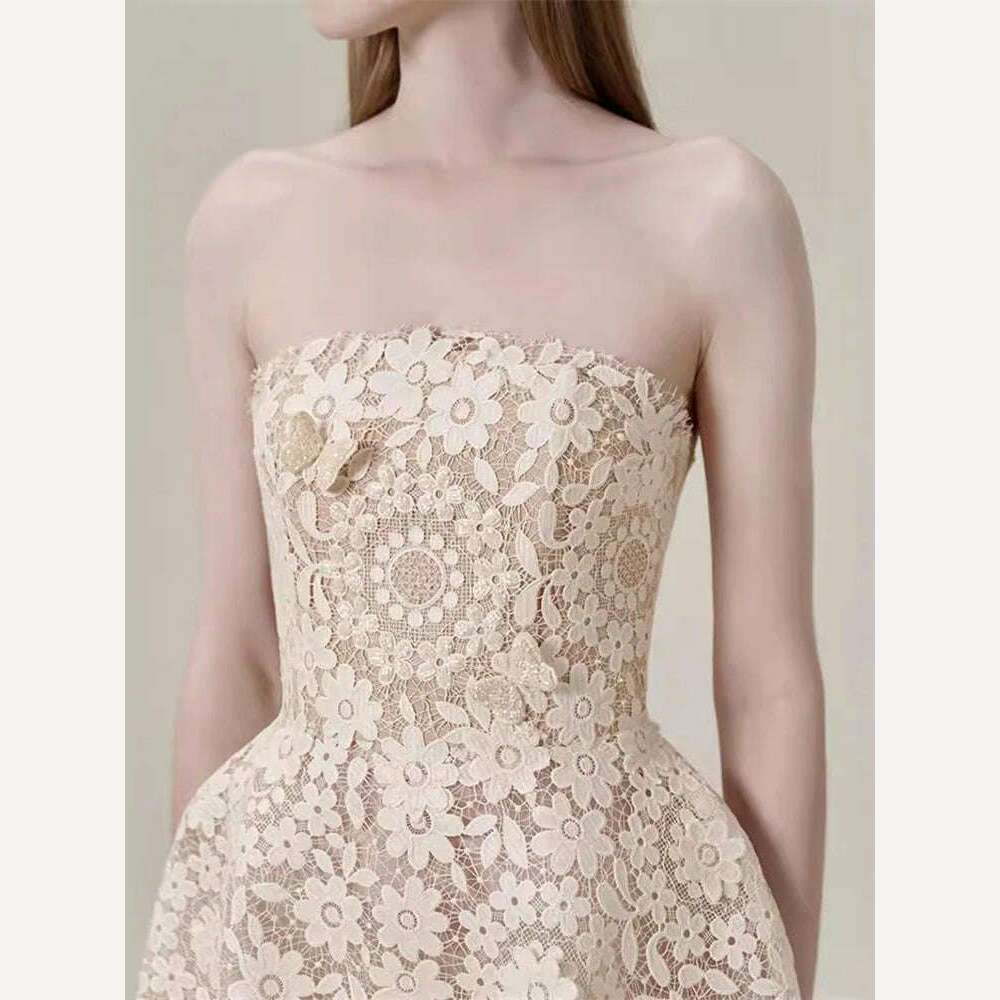 Elegant Lace Embroidery Strapless Dress by DEAT High Waist Hollow Out Summer Party Dress for Women Fashionable 2024 Style - KIMLUD