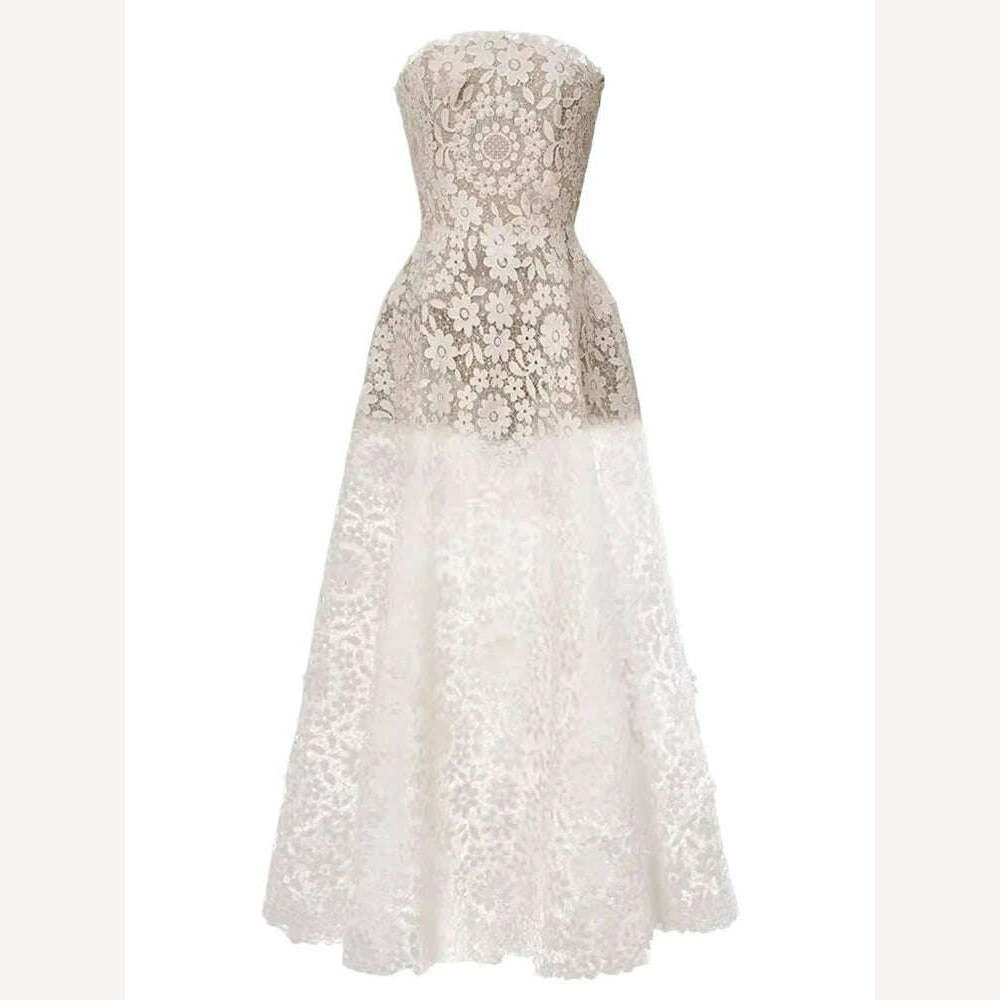 Elegant Lace Embroidery Strapless Dress by DEAT High Waist Hollow Out Summer Party Dress for Women Fashionable 2024 Style - KIMLUD