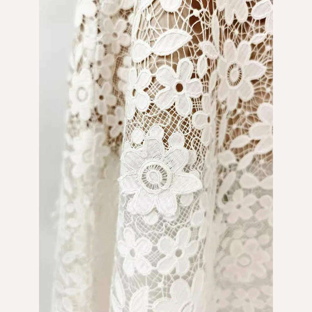 Elegant Lace Embroidery Strapless Dress by DEAT High Waist Hollow Out Summer Party Dress for Women Fashionable 2024 Style - KIMLUD