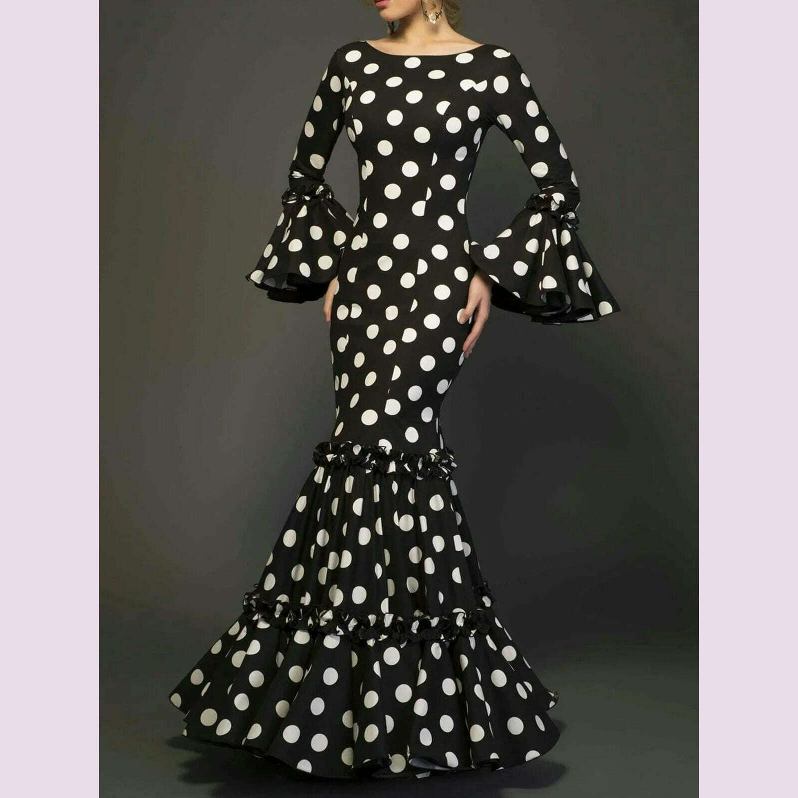 Elegant Ladies Dress Fashionable Trumpet Sleeves Polka Dot Decoration Cascading Ruffle Hem Sexy Fishtail Ladies Evening Dress - KIMLUD