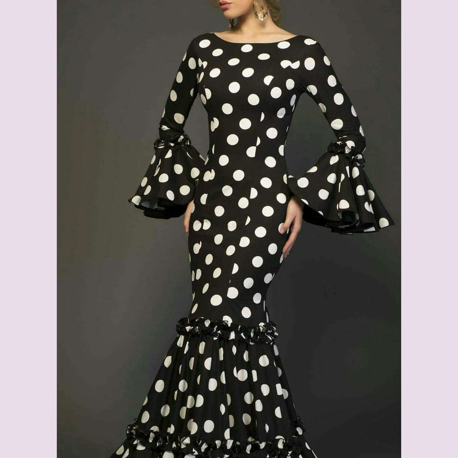 Elegant Ladies Dress Fashionable Trumpet Sleeves Polka Dot Decoration Cascading Ruffle Hem Sexy Fishtail Ladies Evening Dress - KIMLUD