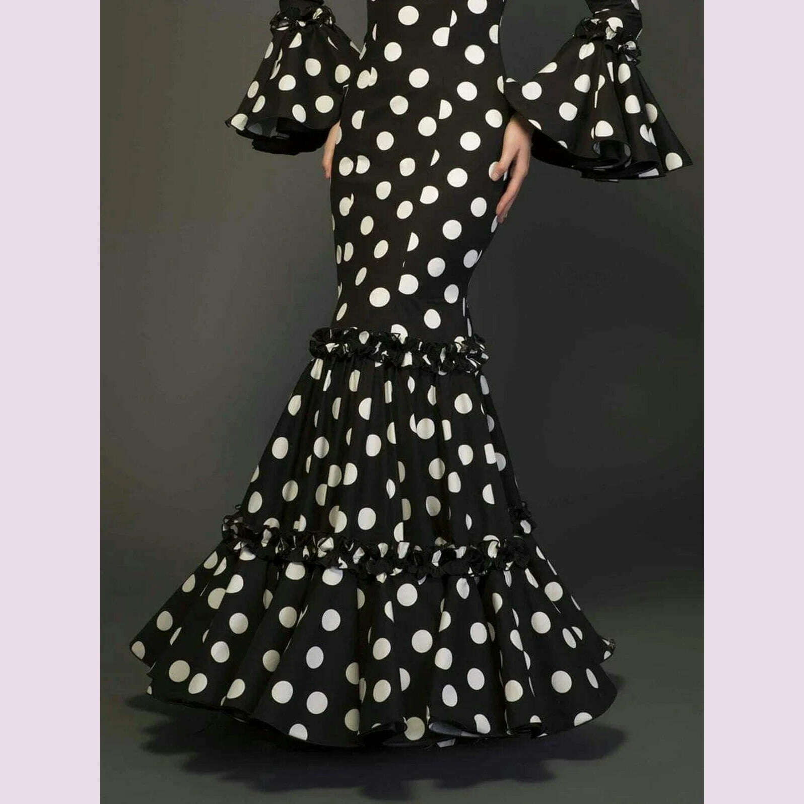 Elegant Ladies Dress Fashionable Trumpet Sleeves Polka Dot Decoration Cascading Ruffle Hem Sexy Fishtail Ladies Evening Dress - KIMLUD