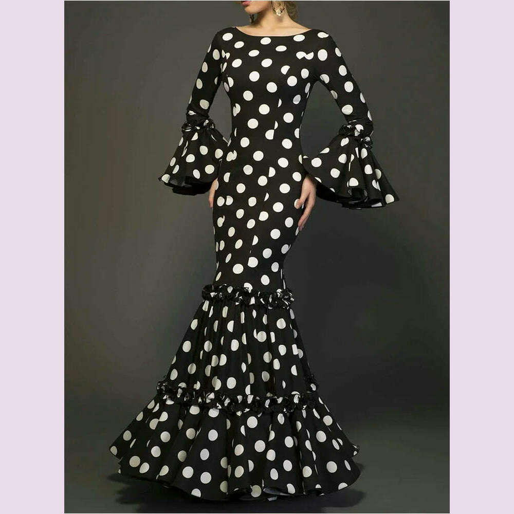 Elegant Ladies Dress Fashionable Trumpet Sleeves Polka Dot Decoration Cascading Ruffle Hem Sexy Fishtail Ladies Evening Dress - KIMLUD