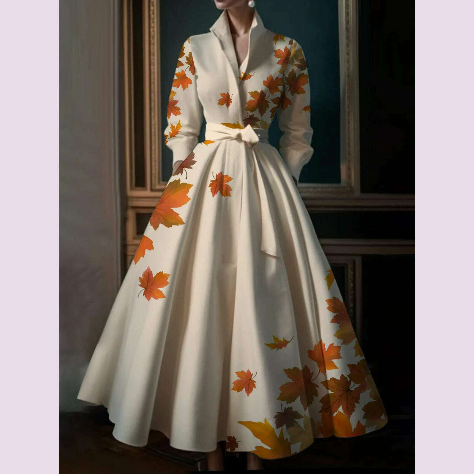 Elegant Leaf Pattern Maxi Dresses Multicolor Stand Collar Long Sleeve Cotton Long Dress Party Wedding Evening Dress 2024 - KIMLUD