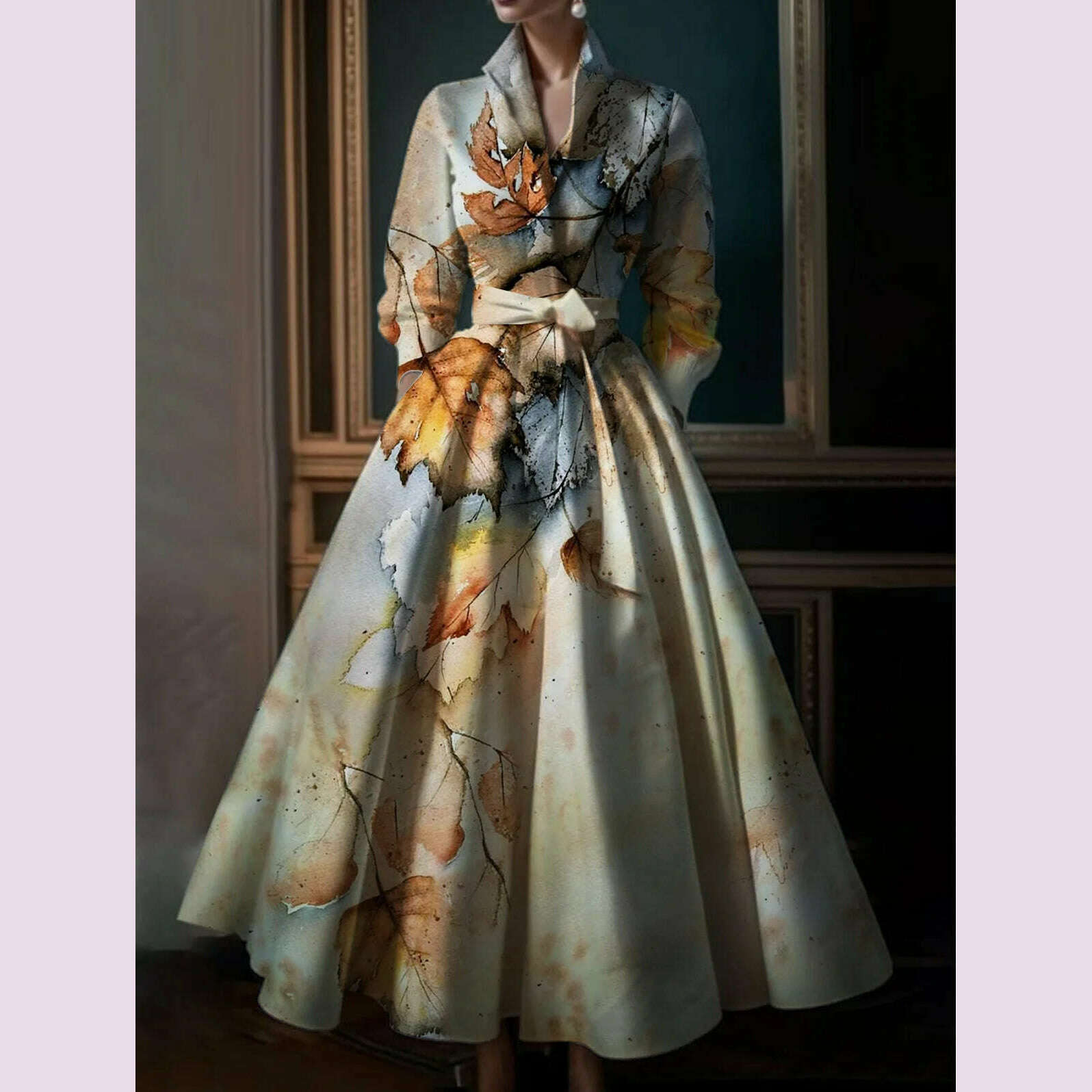 Elegant Leaf Pattern Maxi Dresses Multicolor Stand Collar Long Sleeve Long  Dress Party Wedding Evening A-Line Dress Vestido