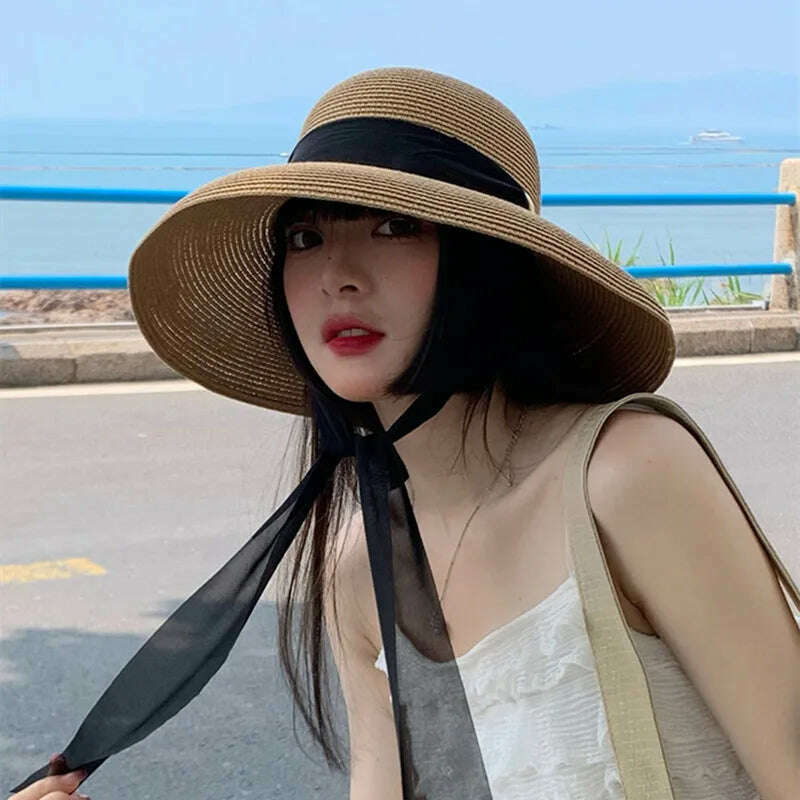 Elegant Long Black Ribbon Straw Hats For Women Foldable Wide Brim Panama Beach Hat Female Fashion Holiday Photo Props Sun Caps - KIMLUD