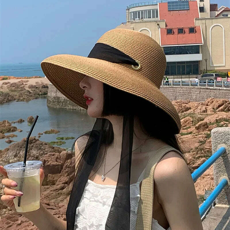 Elegant Long Black Ribbon Straw Hats For Women Foldable Wide Brim Panama Beach Hat Female Fashion Holiday Photo Props Sun Caps - KIMLUD