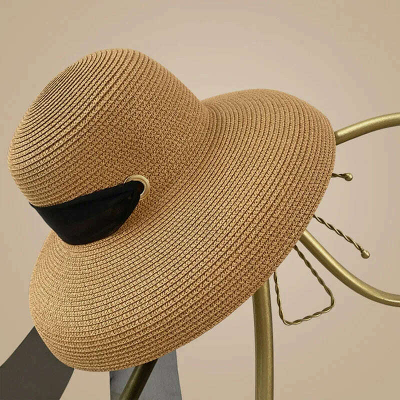 Elegant Long Black Ribbon Straw Hats For Women Foldable Wide Brim Panama Beach Hat Female Fashion Holiday Photo Props Sun Caps - KIMLUD