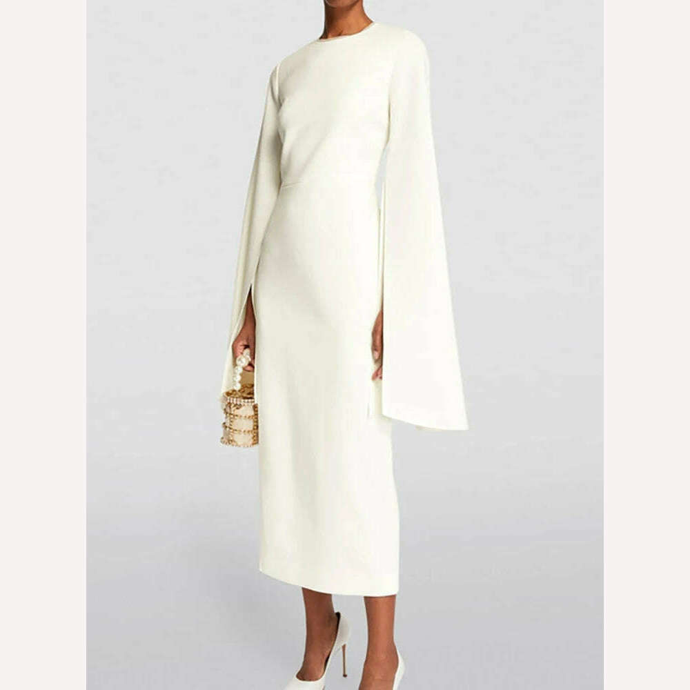 KIMLUD, Elegant Long Sleeve Party Dress for Women with Split Zipper O-neck Solid Color Customized Fashion 2024 Spring New Style, White / S, KIMLUD APPAREL - Womens Clothes