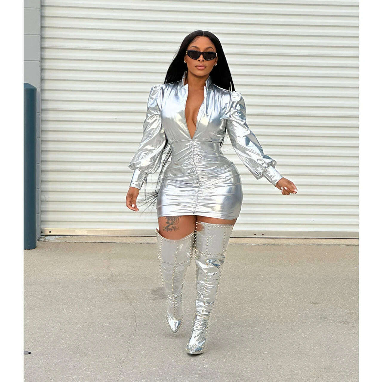 KIMLUD, Elegant Luxury Pleated Leather Dress Sexy Club Party Bodycon Evening Dress Women 2023 Winter Fall Clothes Mini Birthday Vestidos, Silver / S, KIMLUD APPAREL - Womens Clothes