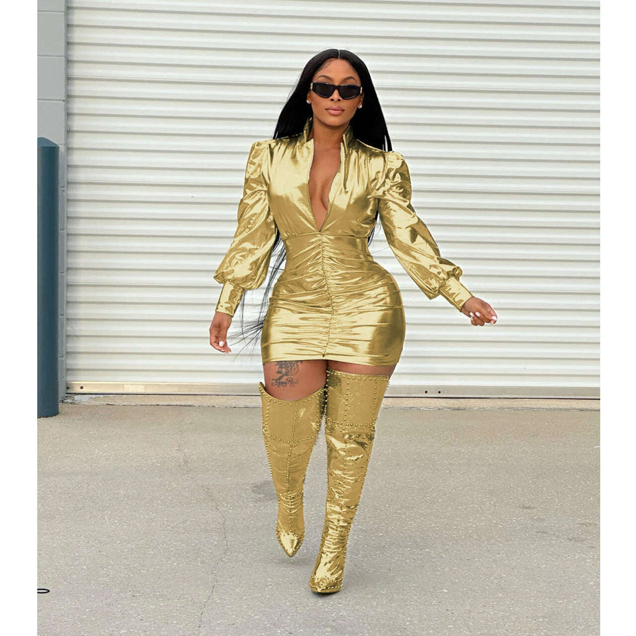 KIMLUD, Elegant Luxury Pleated Leather Dress Sexy Club Party Bodycon Evening Dress Women 2023 Winter Fall Clothes Mini Birthday Vestidos, Gold / S, KIMLUD APPAREL - Womens Clothes