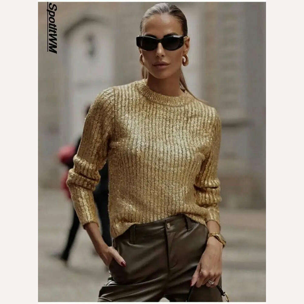 KIMLUD, Elegant O-Neck Gold Bright Silk Women's Sweaters 2023 Autumn Winter Causal Long Sleeve Knitted Pullover Party Slim Wild knitwear, KIMLUD Womens Clothes