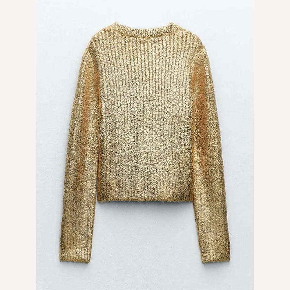 KIMLUD, Elegant O-Neck Gold Bright Silk Women's Sweaters 2023 Autumn Winter Causal Long Sleeve Knitted Pullover Party Slim Wild knitwear, KIMLUD Womens Clothes