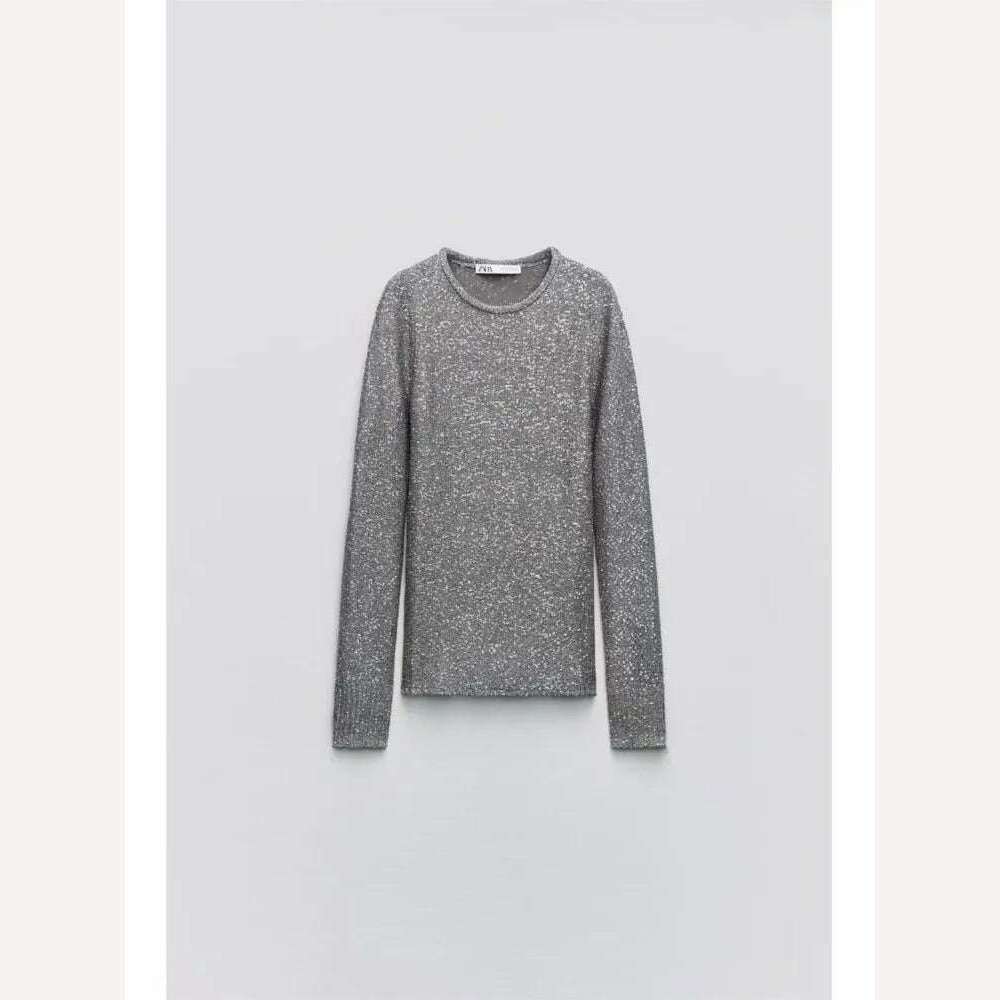 KIMLUD, Elegant O-Neck Gold Bright Silk Women's Sweaters 2023 Autumn Winter Causal Long Sleeve Knitted Pullover Party Slim Wild knitwear, Sliver / S, KIMLUD APPAREL - Womens Clothes