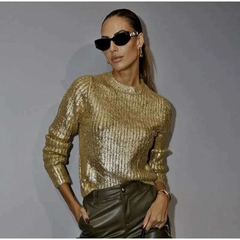 KIMLUD, Elegant O-Neck Gold Bright Silk Women's Sweaters 2023 Autumn Winter Causal Long Sleeve Knitted Pullover Party Slim Wild knitwear, KIMLUD Womens Clothes