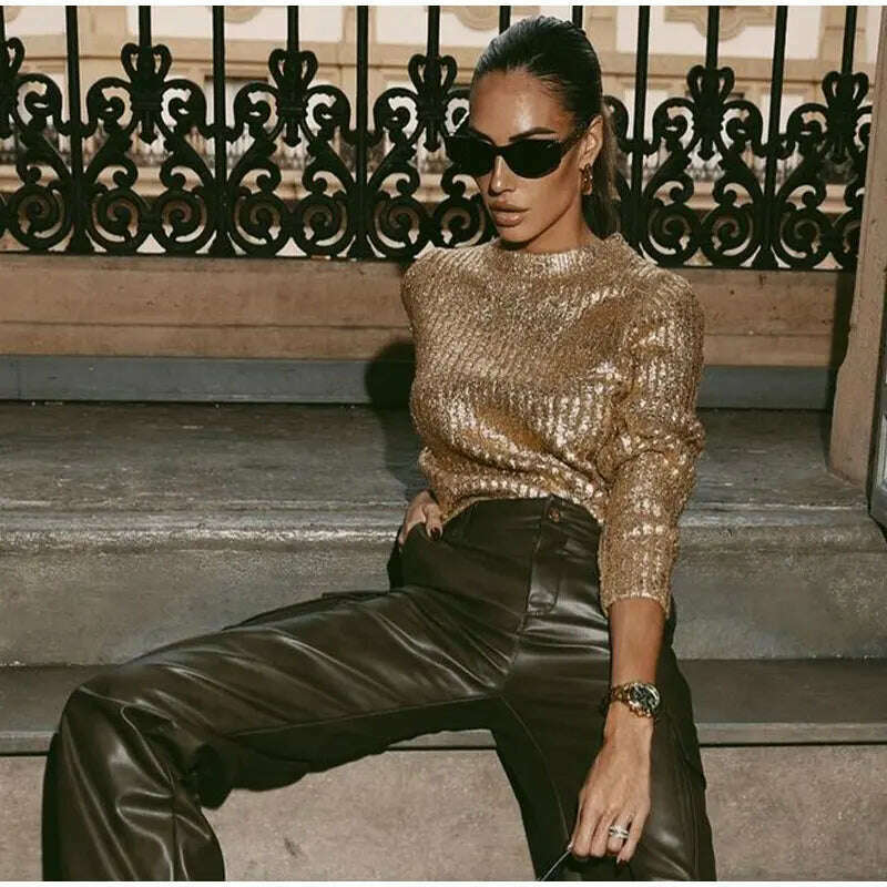 KIMLUD, Elegant O-Neck Gold Bright Silk Women's Sweaters 2023 Autumn Winter Causal Long Sleeve Knitted Pullover Party Slim Wild knitwear, KIMLUD Womens Clothes