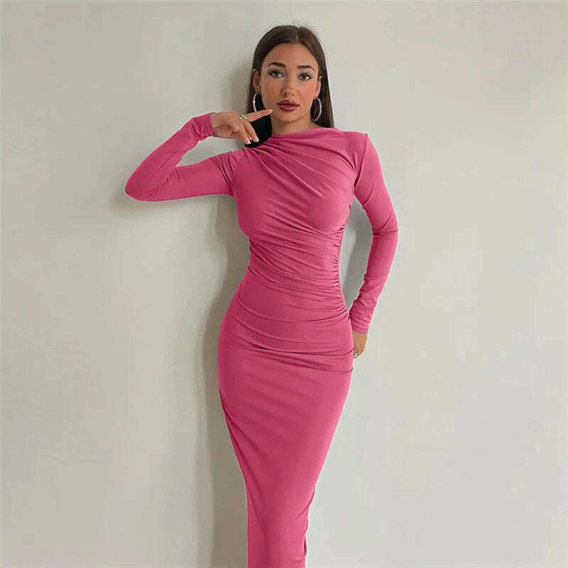 KIMLUD, Elegant O-neck Long Sleeve Folds Tunics Bodycon Dresses for Women Autumn Winter Office Lady High Waist Party Evening Dress 2023, KIMLUD Womens ClothesKIMLUD, Elegant O-neck Long Sleeve Folds Tunics Bodycon Dresses for Women Autumn Winter Office Lady High Waist Party Evening Dress 2023, Rose Red / S, KIMLUD APPAREL - Womens Clothes