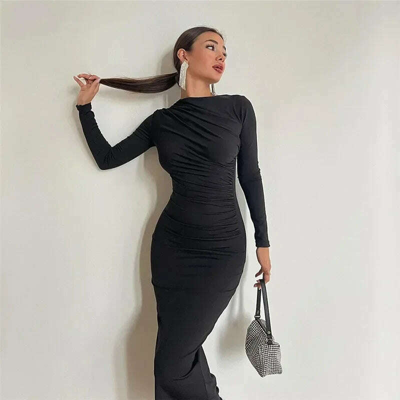KIMLUD, Elegant O-neck Long Sleeve Folds Tunics Bodycon Dresses for Women Autumn Winter Office Lady High Waist Party Evening Dress 2023, KIMLUD Womens Clothes