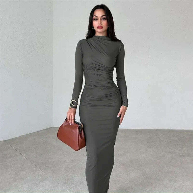 KIMLUD, Elegant O-neck Long Sleeve Folds Tunics Bodycon Dresses for Women Autumn Winter Office Lady High Waist Party Evening Dress 2023, KIMLUD Womens Clothes