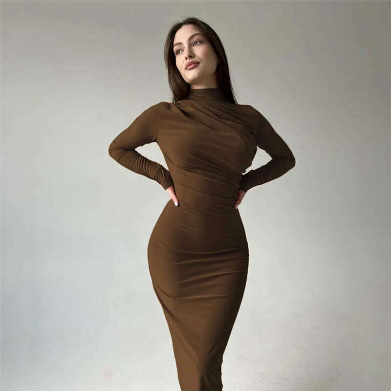 KIMLUD, Elegant O-neck Long Sleeve Folds Tunics Bodycon Dresses for Women Autumn Winter Office Lady High Waist Party Evening Dress 2023, KIMLUD Womens ClothesKIMLUD, Elegant O-neck Long Sleeve Folds Tunics Bodycon Dresses for Women Autumn Winter Office Lady High Waist Party Evening Dress 2023, Coffee / S, KIMLUD APPAREL - Womens Clothes