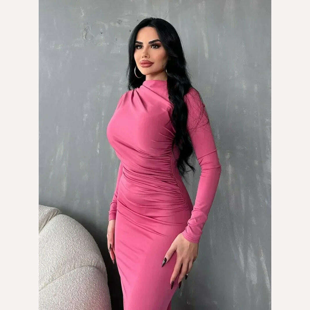 KIMLUD, Elegant O-neck Long Sleeve High Waist Solid Long Dresses for Women Streetwear 2023 Autumn Winter Tunic Bodycon Office Work Dress, KIMLUD Womens Clothes