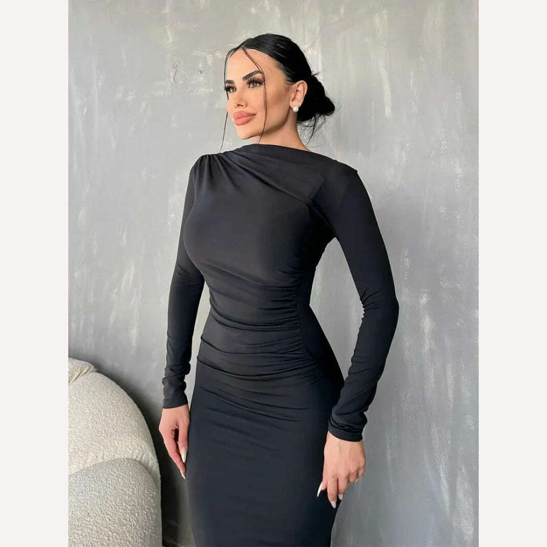 KIMLUD, Elegant O-neck Long Sleeve High Waist Solid Long Dresses for Women Streetwear 2023 Autumn Winter Tunic Bodycon Office Work Dress, KIMLUD Womens Clothes