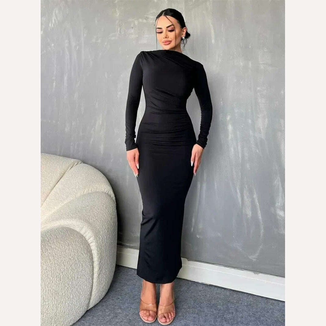 KIMLUD, Elegant O-neck Long Sleeve High Waist Solid Long Dresses for Women Streetwear 2023 Autumn Winter Tunic Bodycon Office Work Dress, KIMLUD Womens Clothes