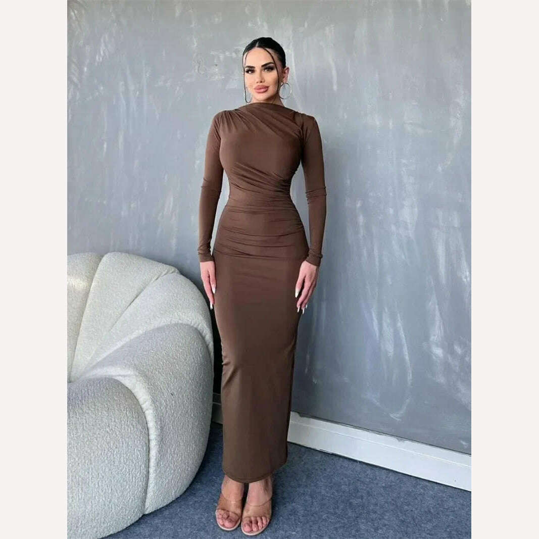 KIMLUD, Elegant O-neck Long Sleeve High Waist Solid Long Dresses for Women Streetwear 2023 Autumn Winter Tunic Bodycon Office Work Dress, KIMLUD Womens Clothes