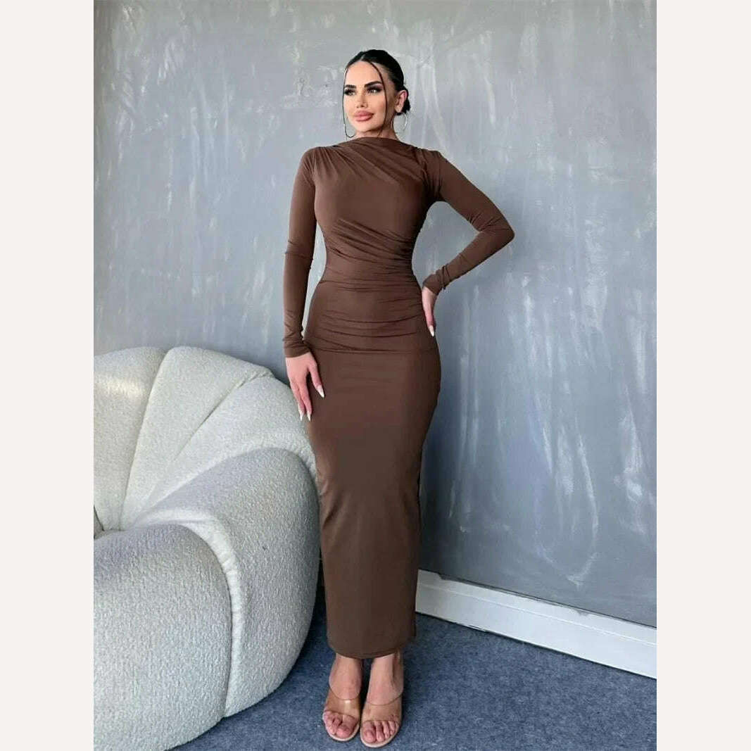 KIMLUD, Elegant O-neck Long Sleeve High Waist Solid Long Dresses for Women Streetwear 2023 Autumn Winter Tunic Bodycon Office Work Dress, KIMLUD Womens Clothes