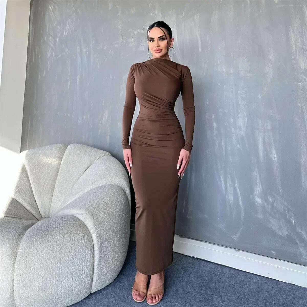 KIMLUD, Elegant O-neck Long Sleeve High Waist Solid Long Dresses for Women Streetwear 2023 Autumn Winter Tunic Bodycon Office Work Dress, Brown / S, KIMLUD APPAREL - Womens Clothes