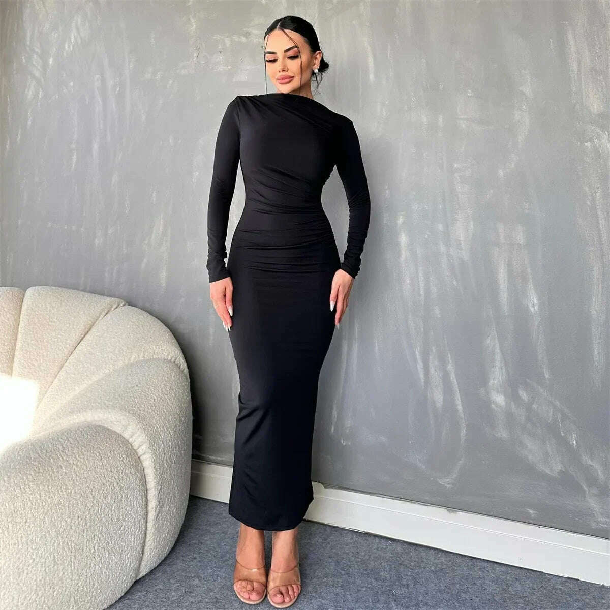 KIMLUD, Elegant O-neck Long Sleeve High Waist Solid Long Dresses for Women Streetwear 2023 Autumn Winter Tunic Bodycon Office Work Dress, black / S, KIMLUD APPAREL - Womens Clothes