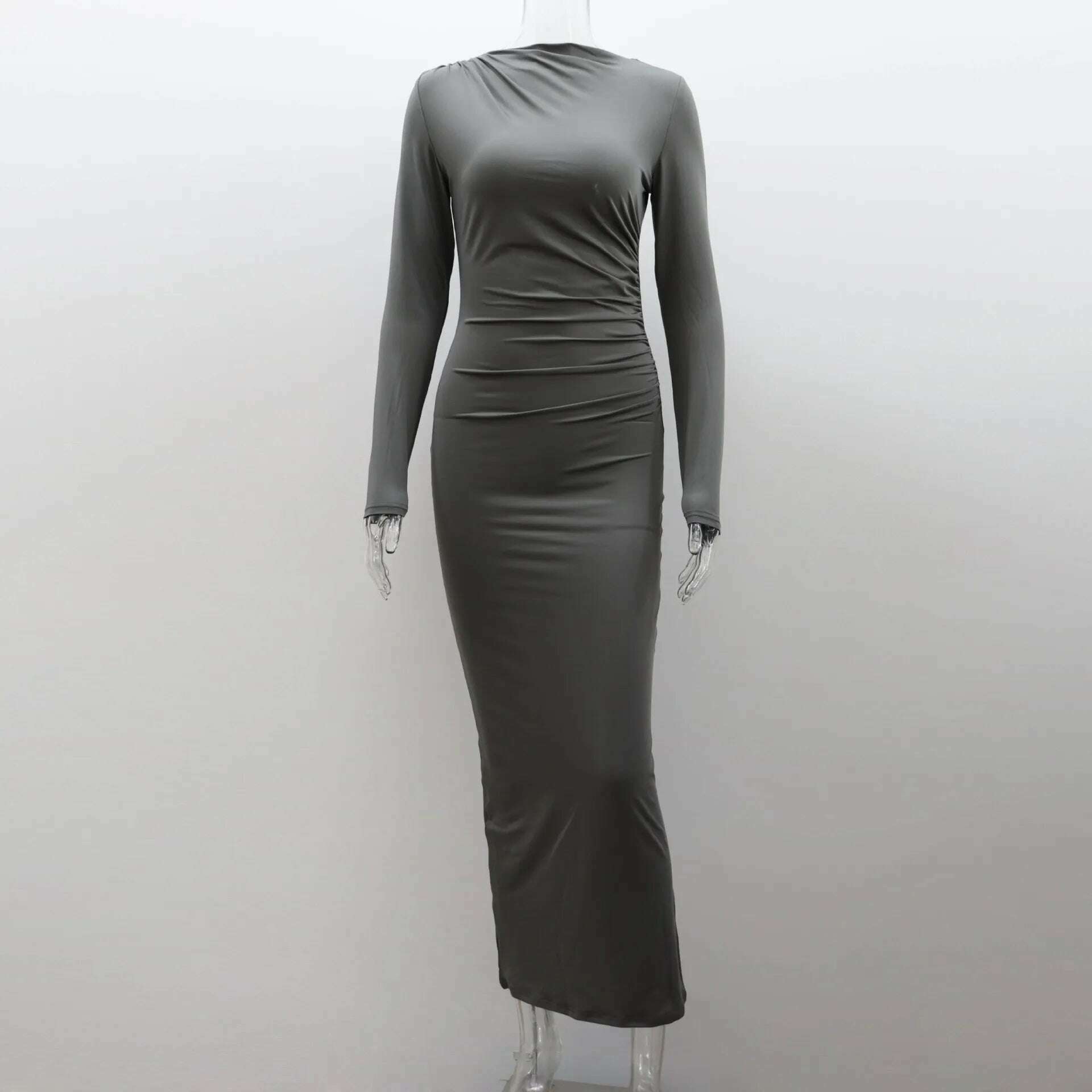 KIMLUD, Elegant O-neck Long Sleeve High Waist Solid Long Dresses for Women Streetwear 2023 Autumn Winter Tunic Bodycon Office Work Dress, Dark Grey / S, KIMLUD APPAREL - Womens Clothes