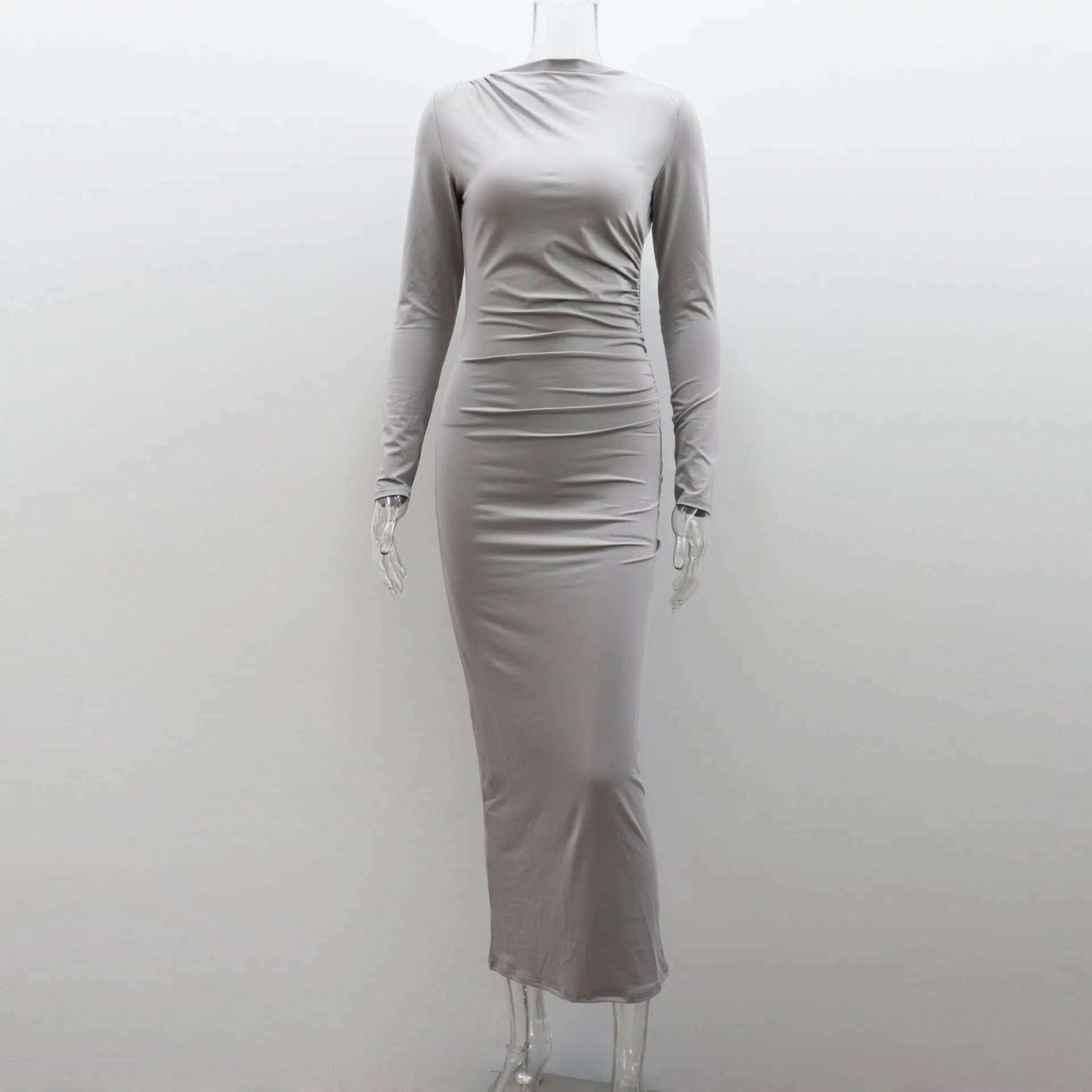 KIMLUD, Elegant O-neck Long Sleeve High Waist Solid Long Dresses for Women Streetwear 2023 Autumn Winter Tunic Bodycon Office Work Dress, Light Grey / S, KIMLUD APPAREL - Womens Clothes